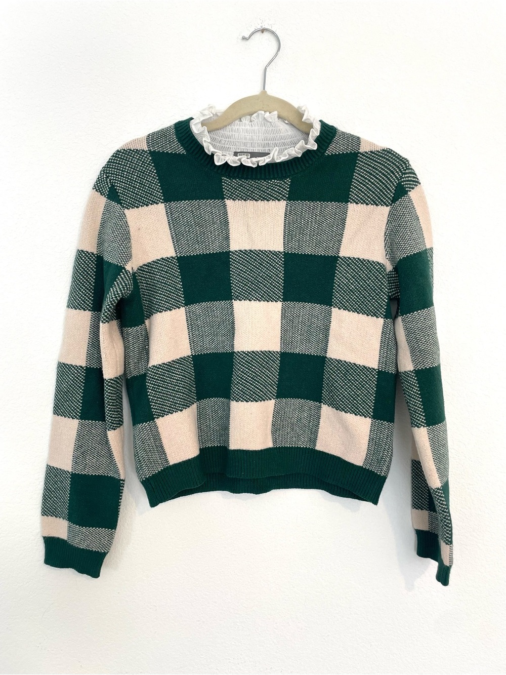 Anthropologie Green and Cream Plaid Ruffle-Neck Sweater